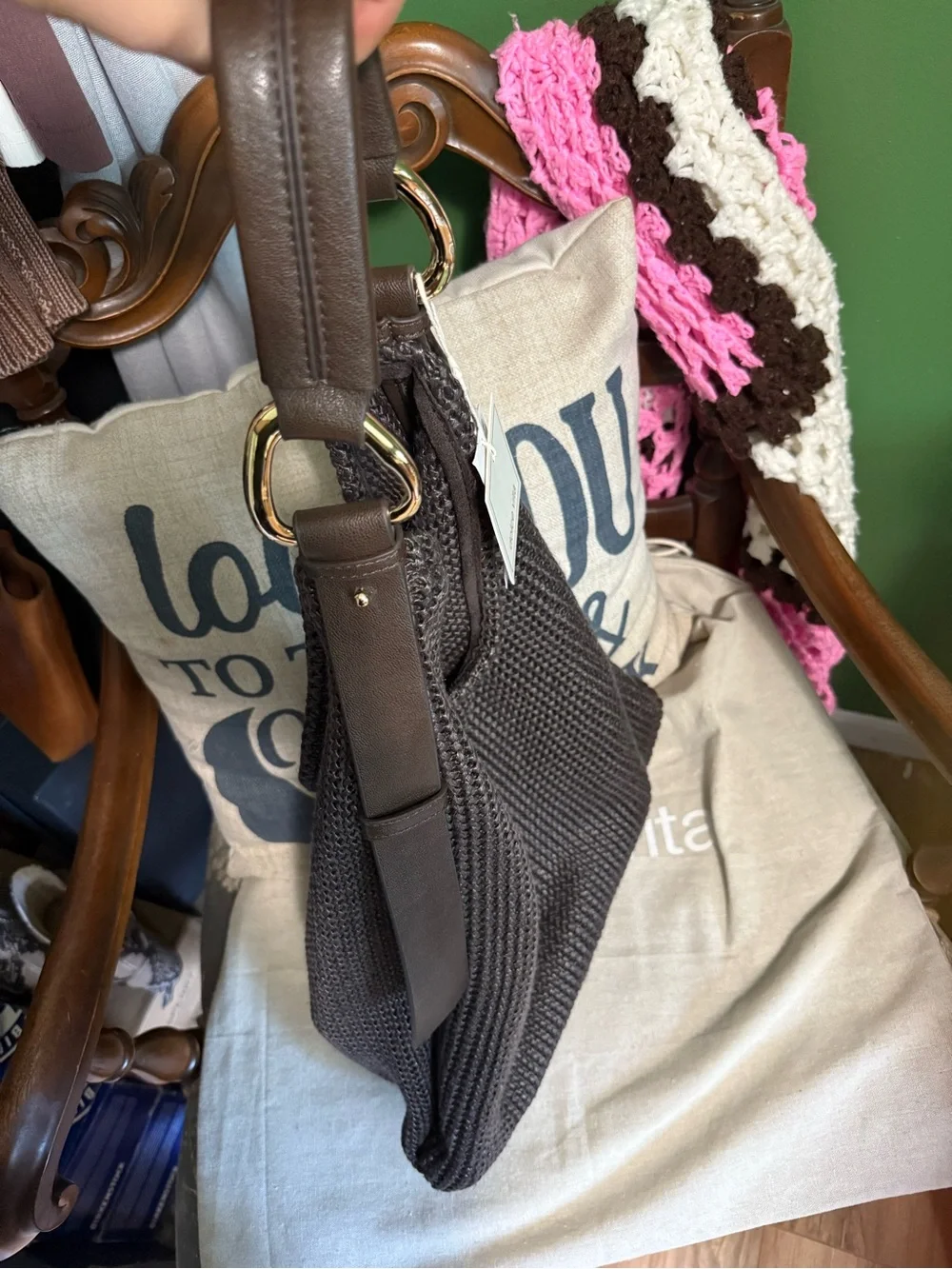Dolce Vita raffia Woven Hobo Bag in Dark Brown with Gold Hardware